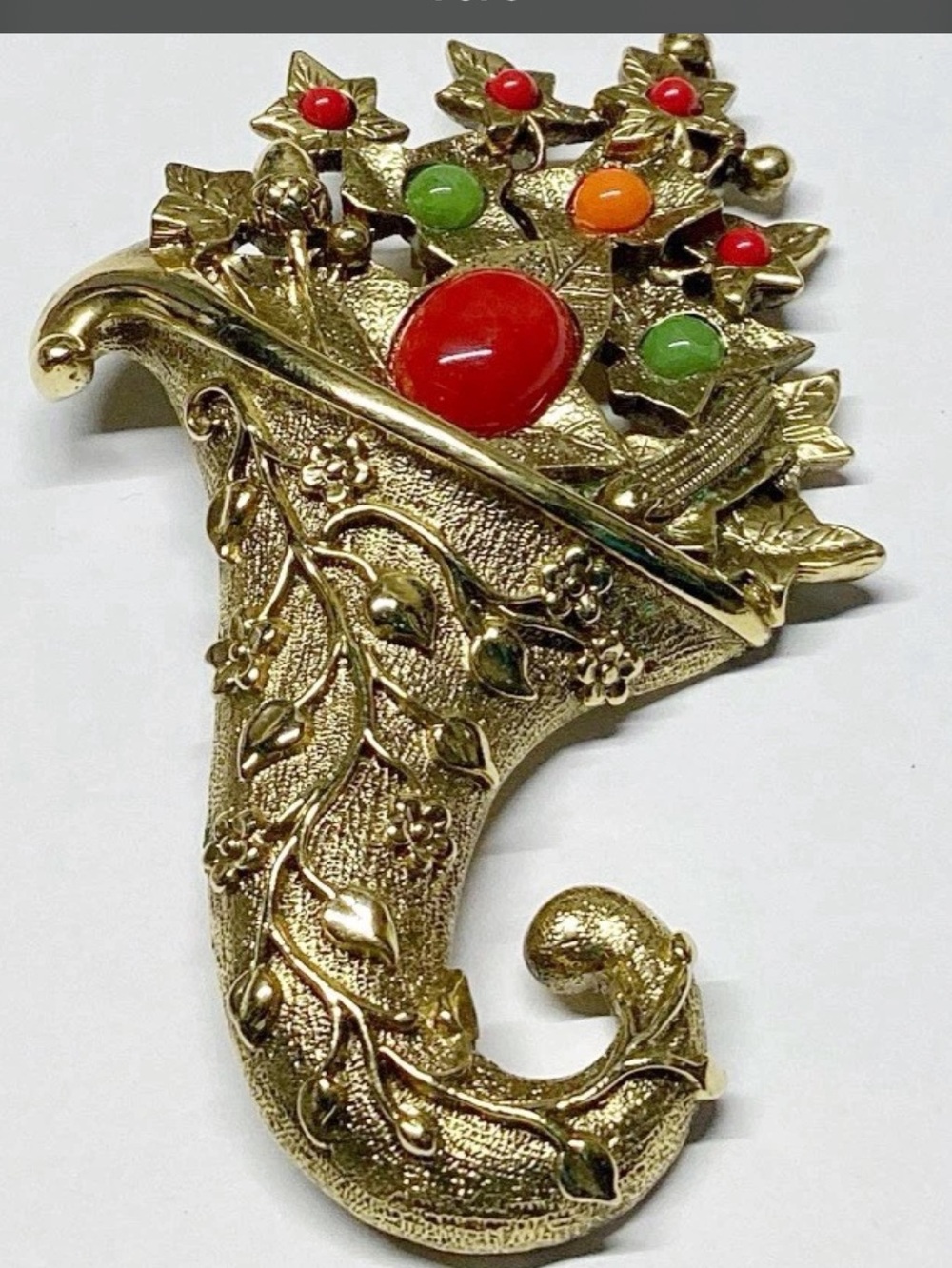 Vintage 1928 Brand Autumn Leaves Fall Cornucopia Brooch Orange Red Cabochons